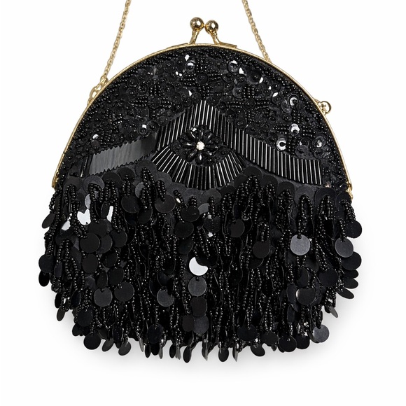 unbrand Handbags - Vintage Black Beaded Sequin Fringe Clutch